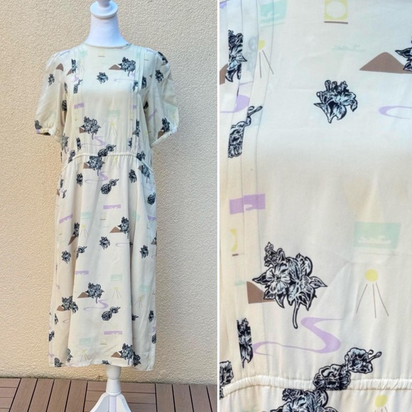 1970 Carlo Perrini Roma cream color abstract print short sleeve silk  dress - Picture 1 of 9